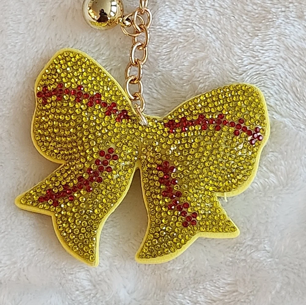 Softball Yellow Rhinestone Bow Keychain Bag Charm